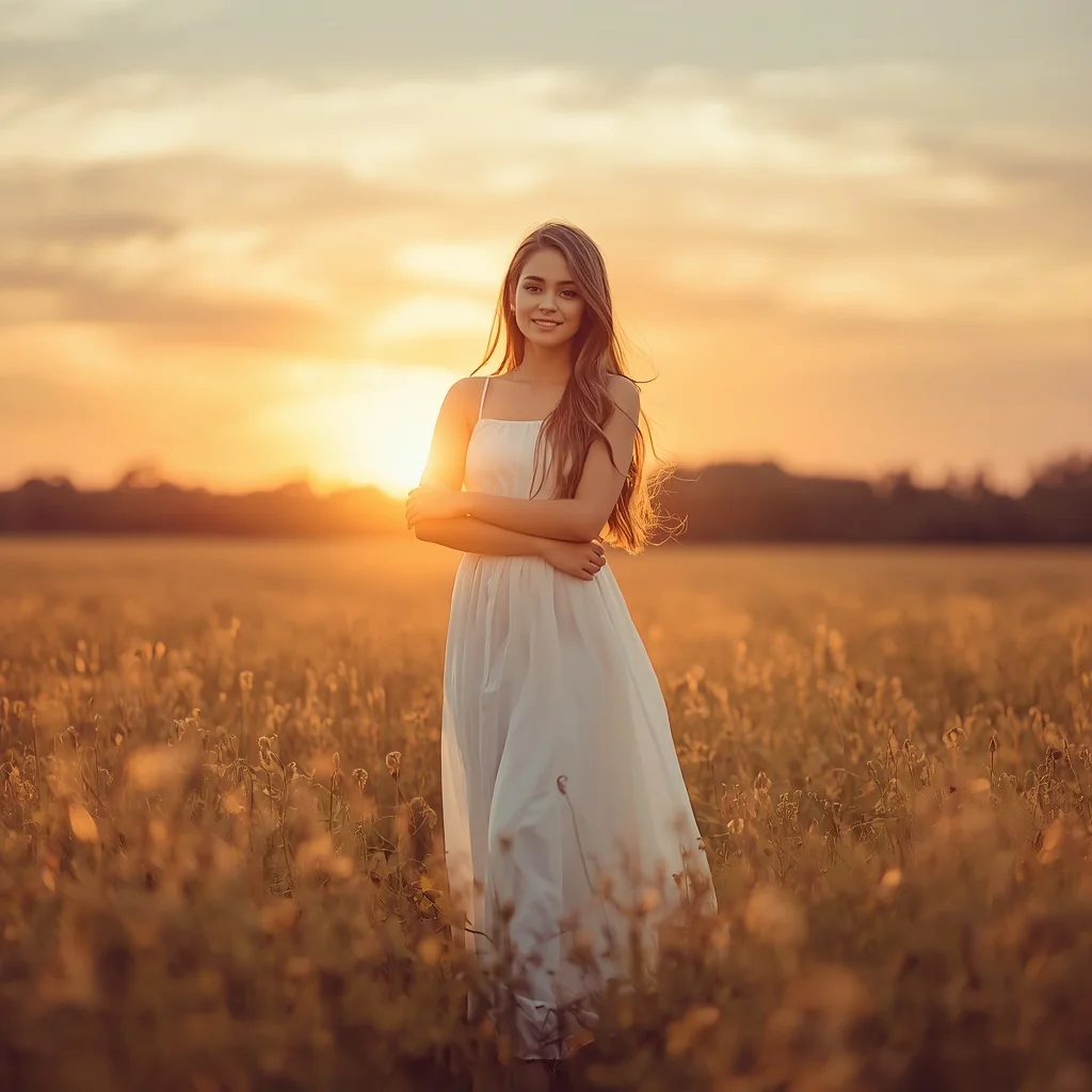 Beautiful Girl in a Golden Sunset Field | prompt generator from image — AI image prompt
