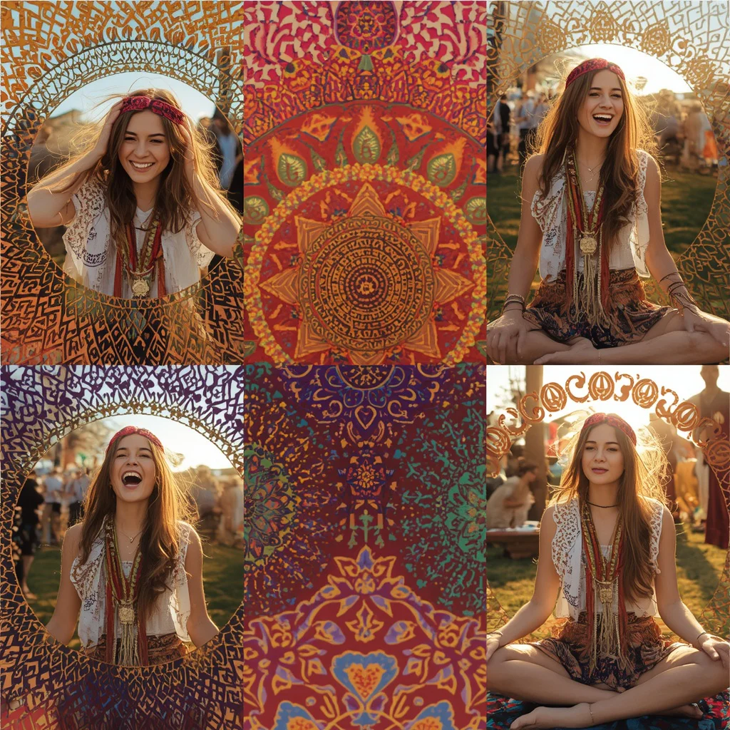 Bohemian Mandala Collage: Free-Spirited Girl's Journey | prompt for look for girl in english — AI image prompt