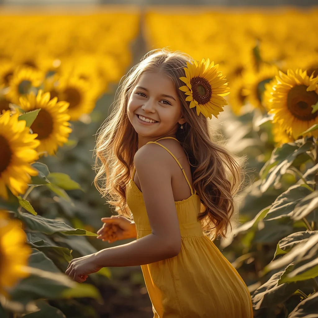 Cute Girl's Joyful Expression in a Field of Sunflowers | prompt for Gemini AI girl — AI image prompt
