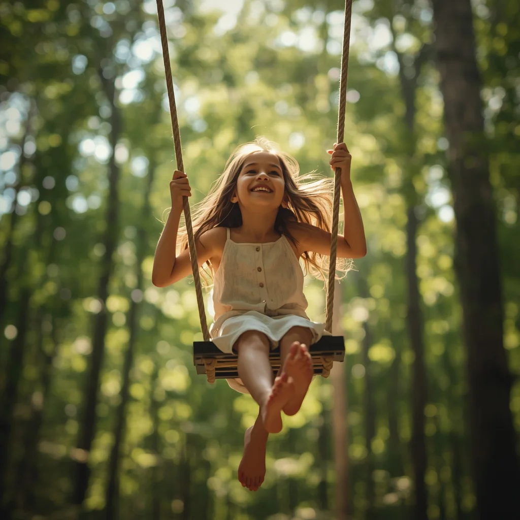 Cute Girl's Playful Swing in a Sunlit Forest | prompt for look for girl — AI image prompt