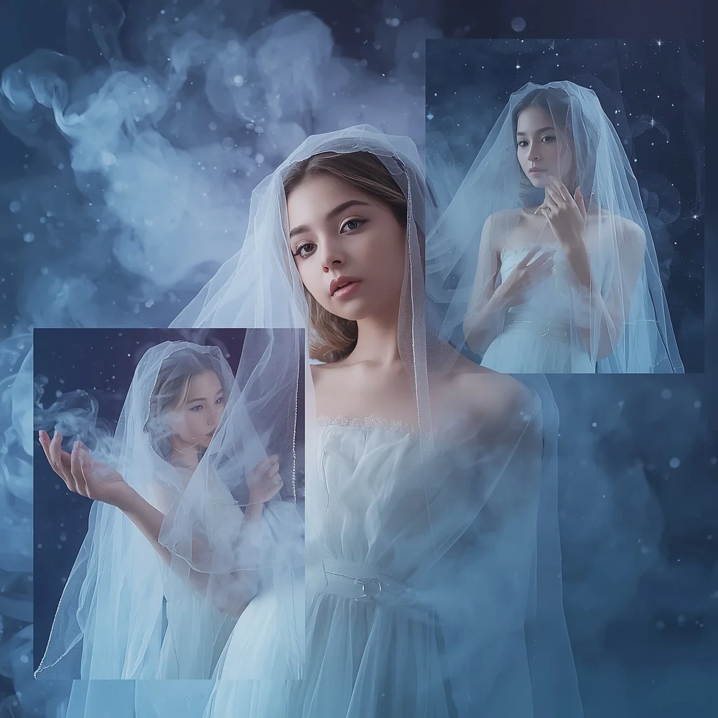 Ethereal Smoke Veil Collage: Beautiful Girl in Whispering Fabrics | traditional prompt for girl in english — AI image prompt