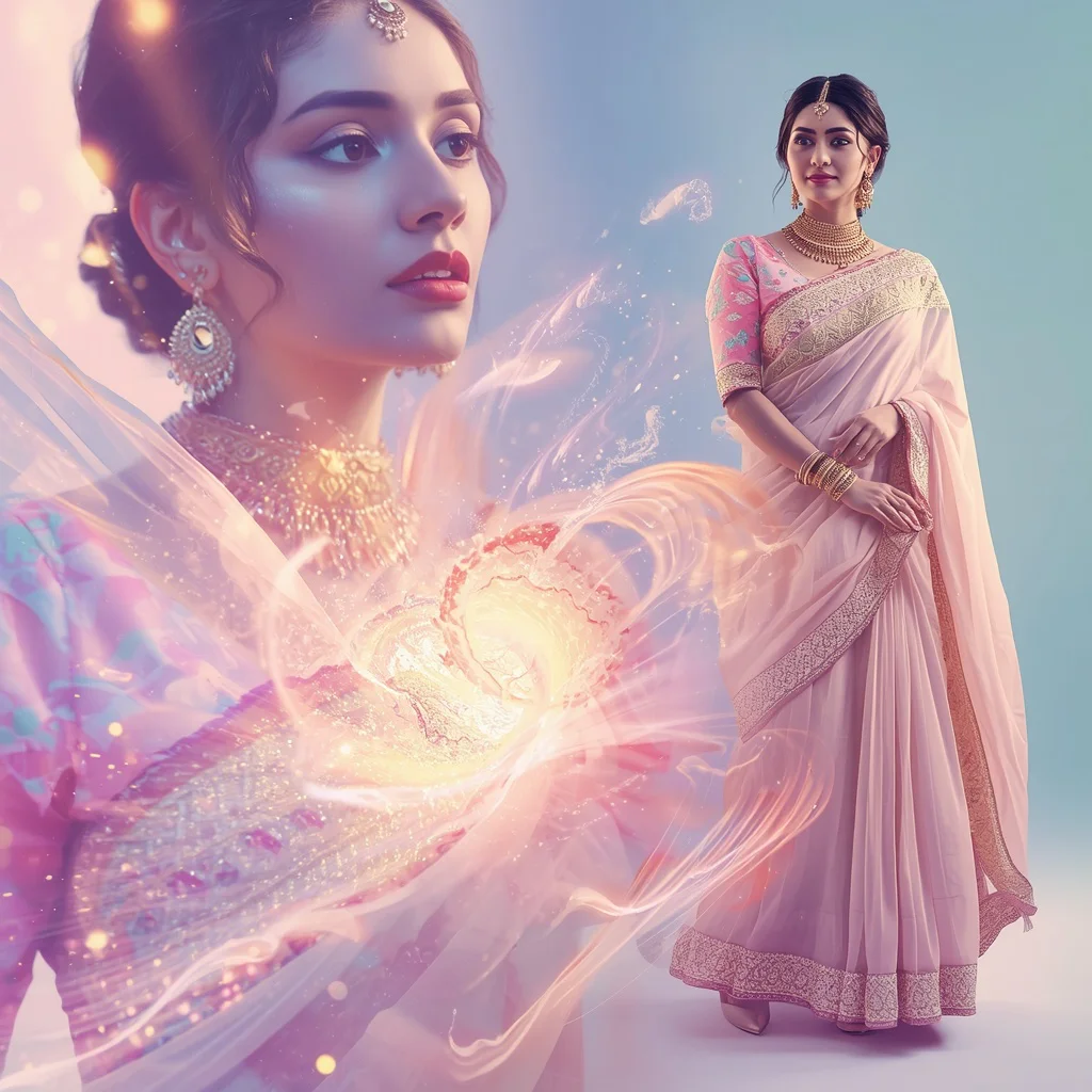 Festive Pastel Saree Ripple Vortex Energy Core Collage | Glow Motion Prompt | prompt seen gemini girl instagram — AI image prompt