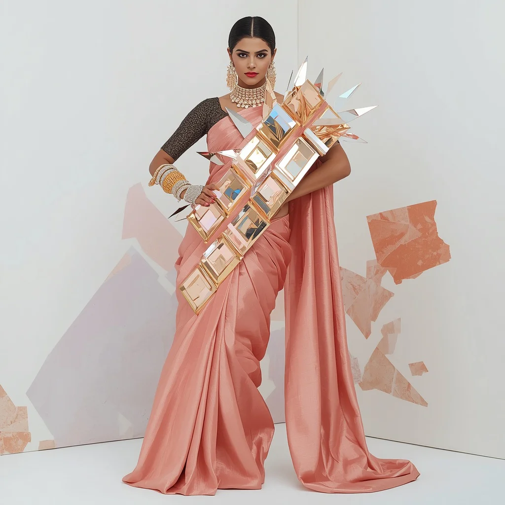 Highly Creative Coral Silk Saree with Holographic Blocks and Aggressive Lateral Stare | prompt for gemini girl in saree instagram in english — AI image prompt