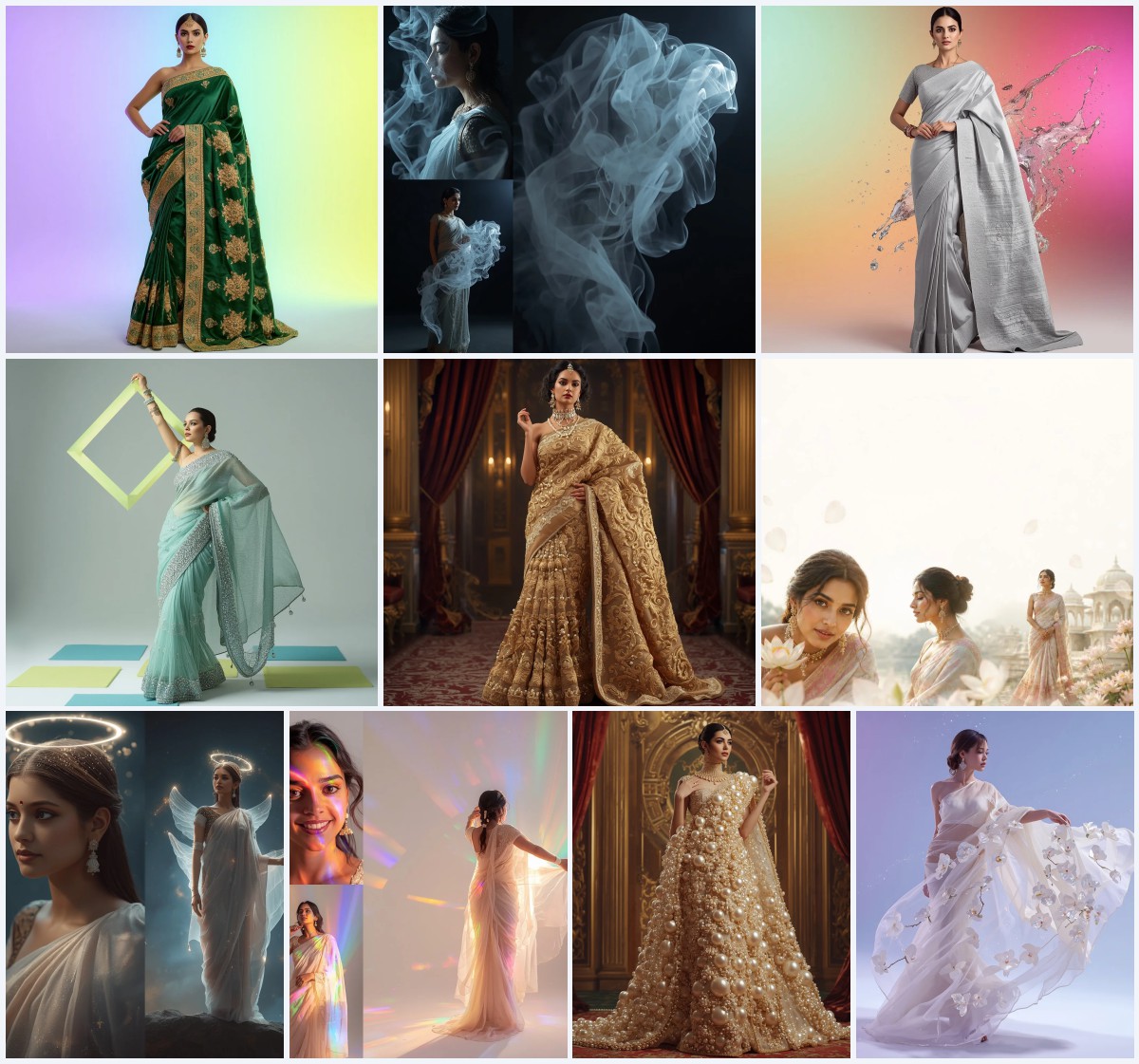 New 10 AI Prompts for Artistic Saree Looks in Gallery Settings with Cultural Photography | prompt for girl in saree pic