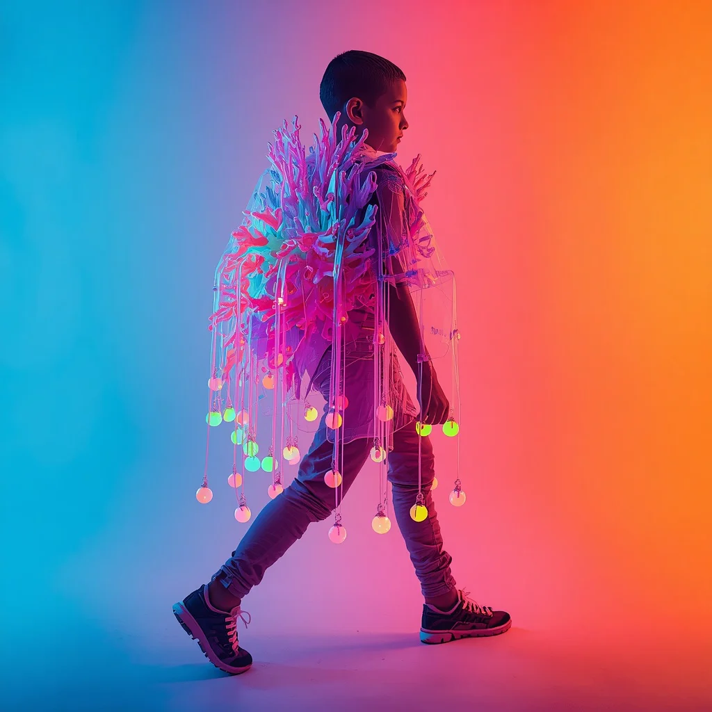 Young Warrior Glowing Coral Armor: Fiber Optic Reef on Vibrant Gradient | Prompt for Gemini AI boy Indian style Instagram — AI image prompt