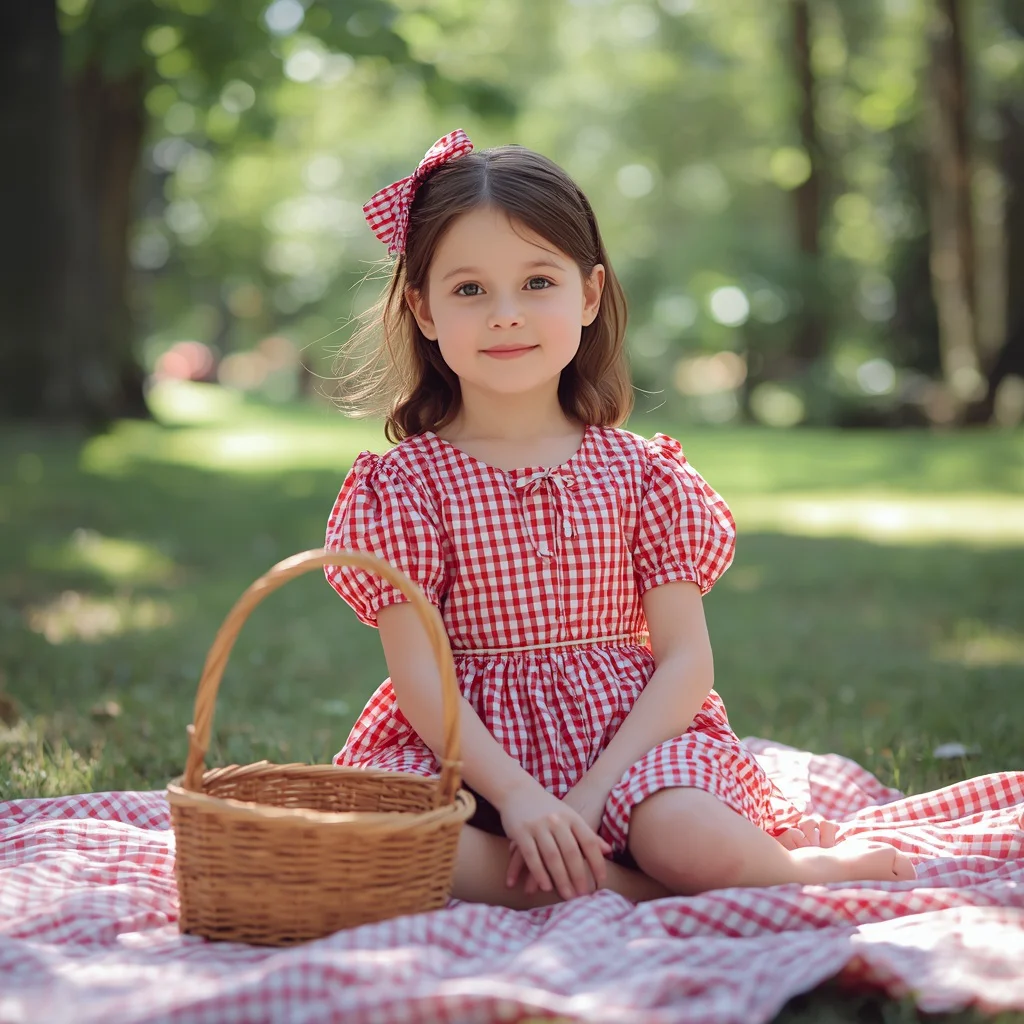 A Beautiful Girl in a Gingham Dress Picnicking in a Summer Park — AI image prompt