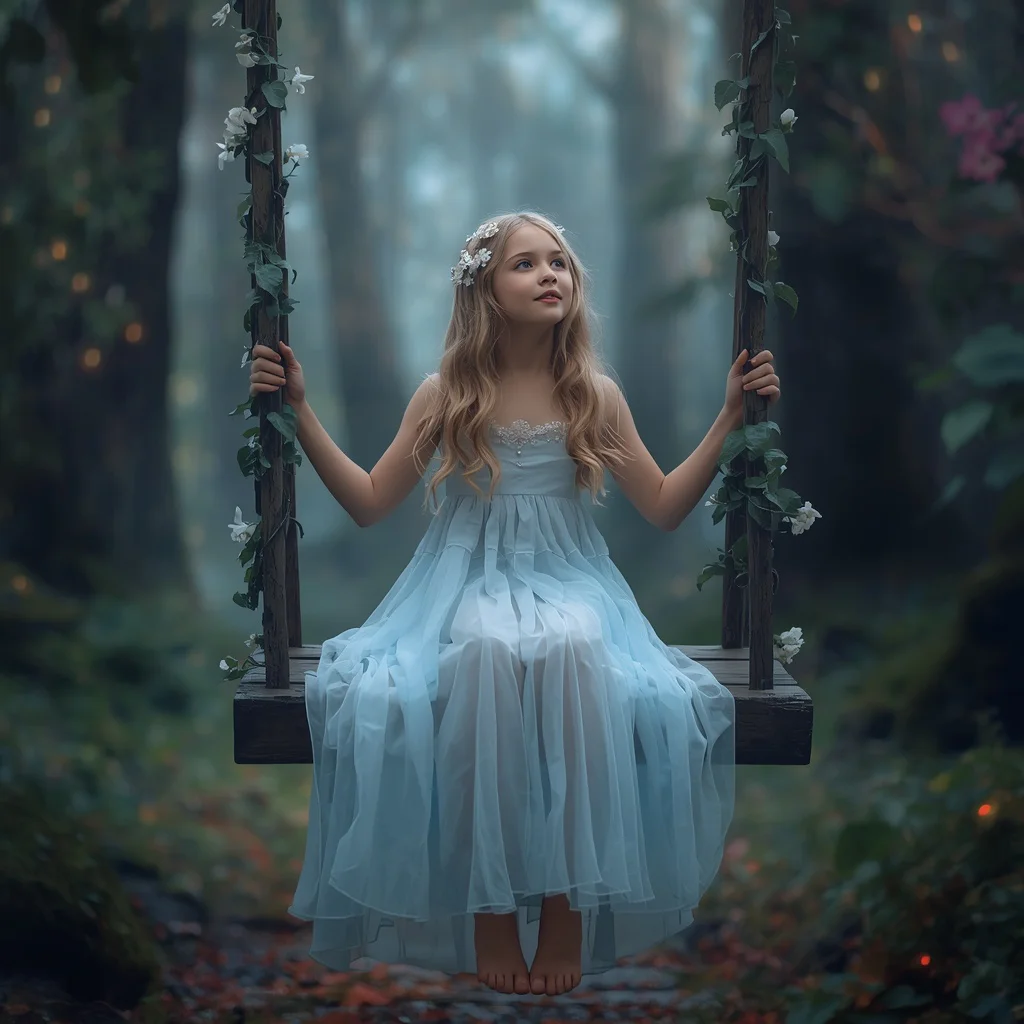 A Beautiful Girl in a Pastel Gown on a Swing in an Enchanted Forest — AI image prompt