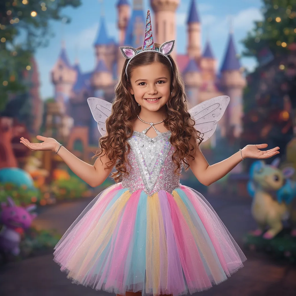 A Beautiful Girl in a Unicorn-Themed Dress at a Magical Fairytale Park — AI image prompt