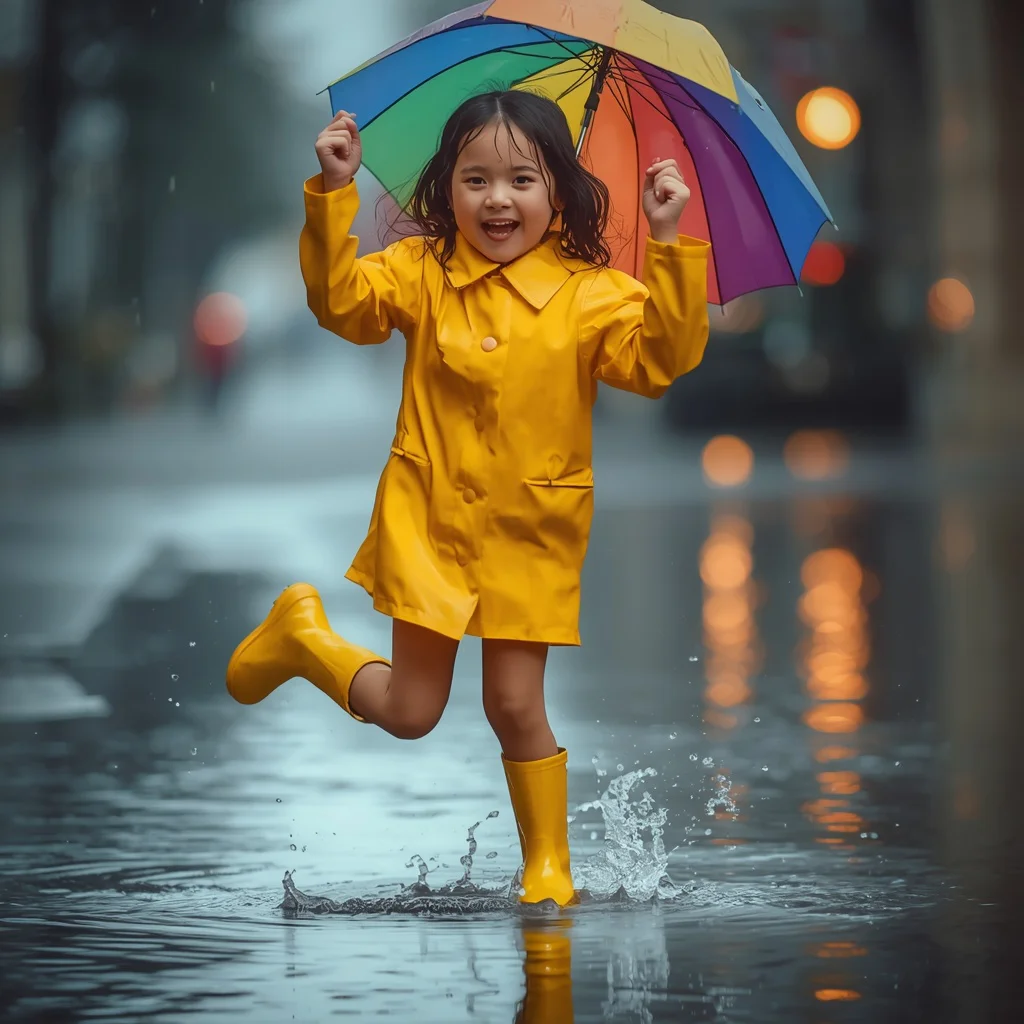 A Beautiful Girl in a Yellow Raincoat Splashing in Puddles, Joyful — AI image prompt