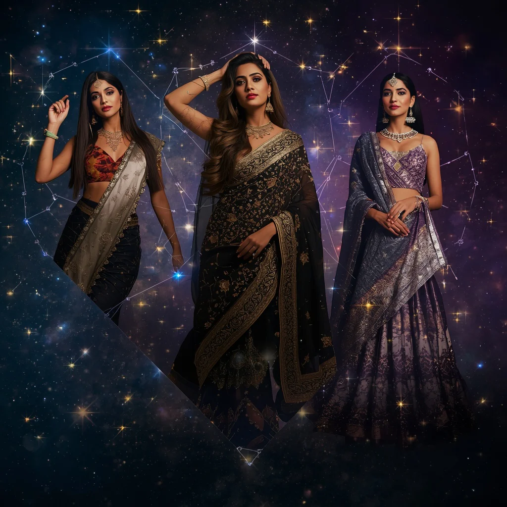 A Celestial Constellation Collage Illuminating Festive Indian Beauty — AI image prompt