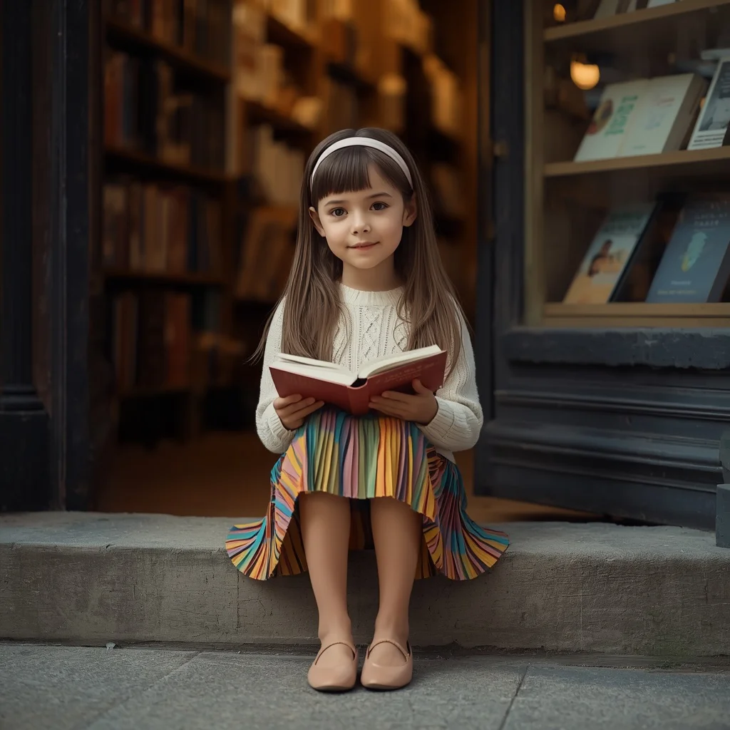 A Cute Girl in a Colorful Pleated Skirt and Sweater by a Bookstore — AI image prompt