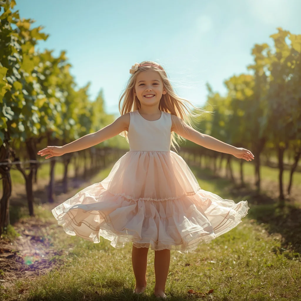A Cute Girl in a Pastel Tiered Dress twirling in a Sunny Vineyard — AI image prompt