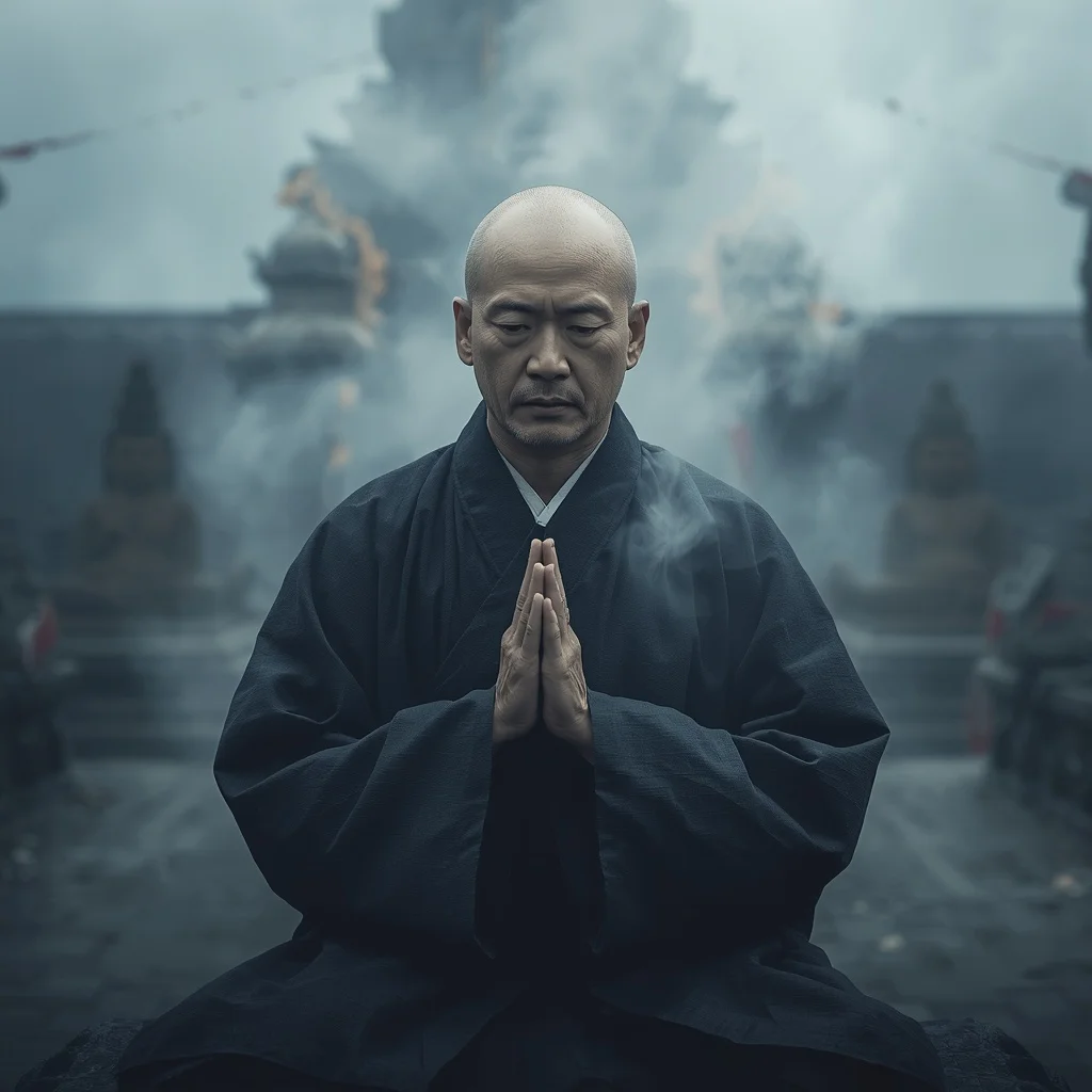 A Male Warrior Monk's Meditative Focus in a Mist-Shrouded Asian Mountain Temple — AI image prompt
