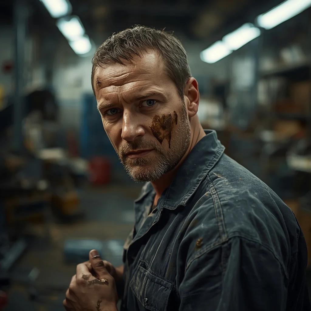 A Man's Gritty Portrait as a Mechanic with Oil Stains and Industrial Backdrop — AI image prompt