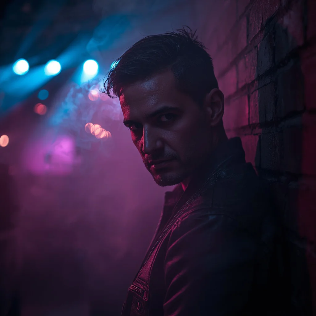 A Man's Intense Gaze in a Smoky Backstage Area with Concert Lights — AI image prompt