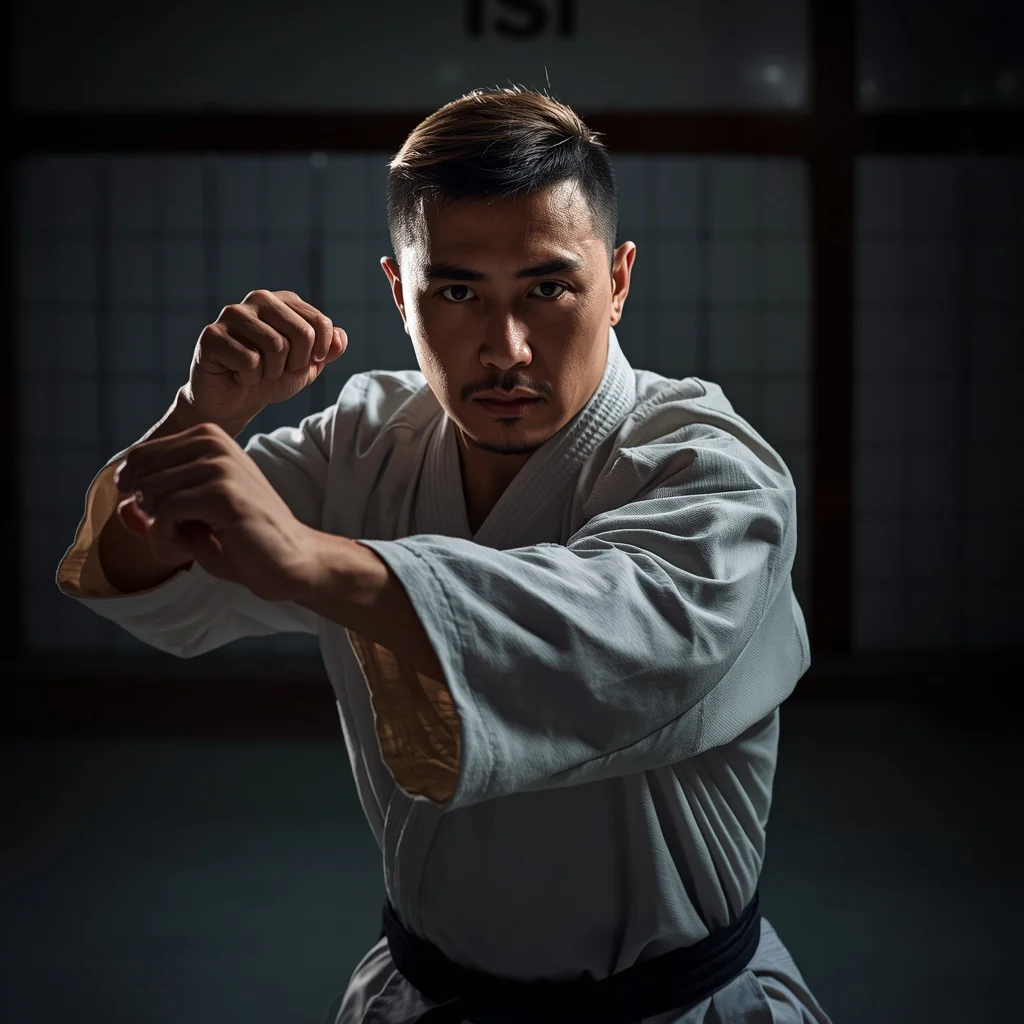 A Man's Intense Martial Arts Portrait in a Training Dojo with Dynamic Lighting — AI image prompt
