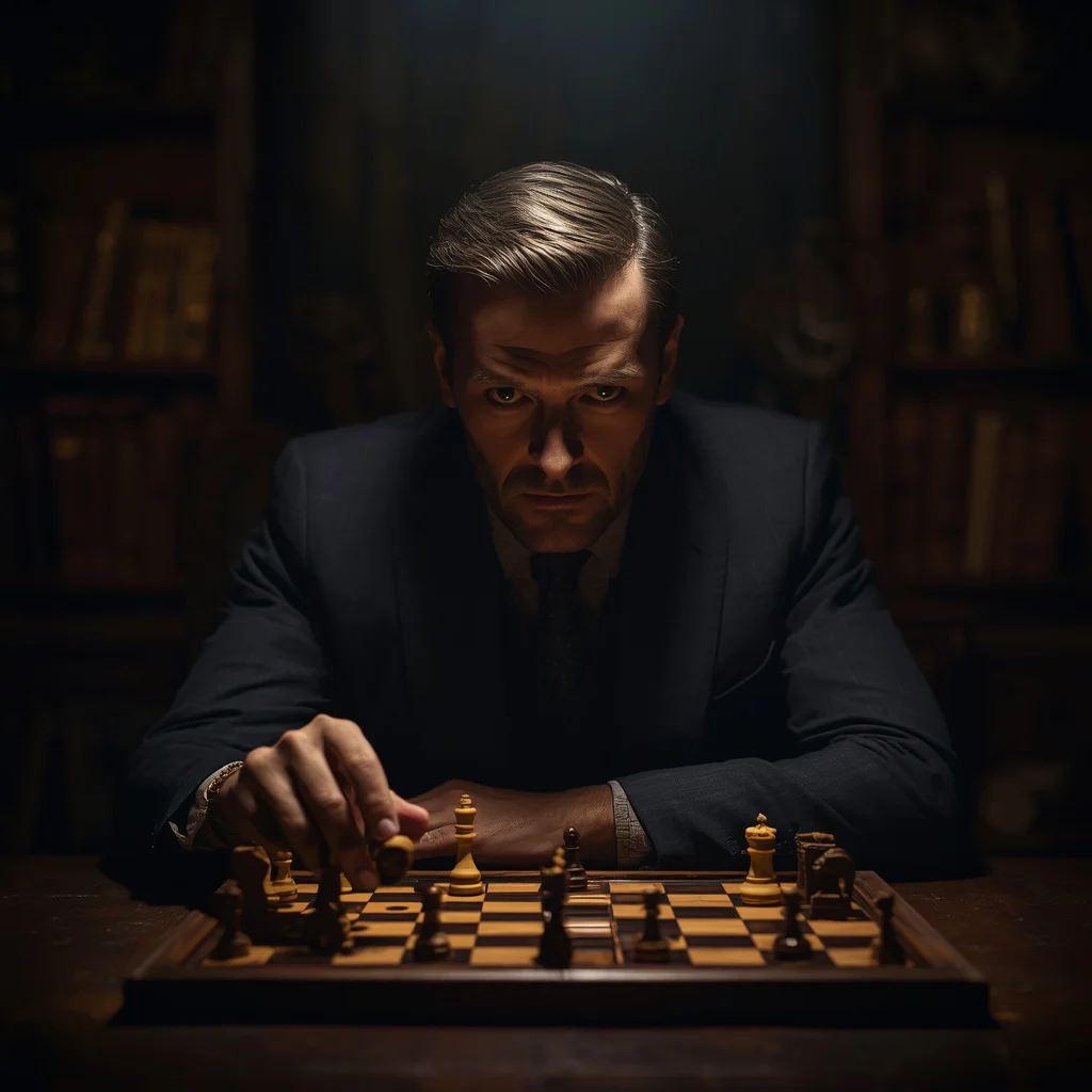 A Man's Intense Portrait as a Chess Master in a Darkened Study — AI image prompt