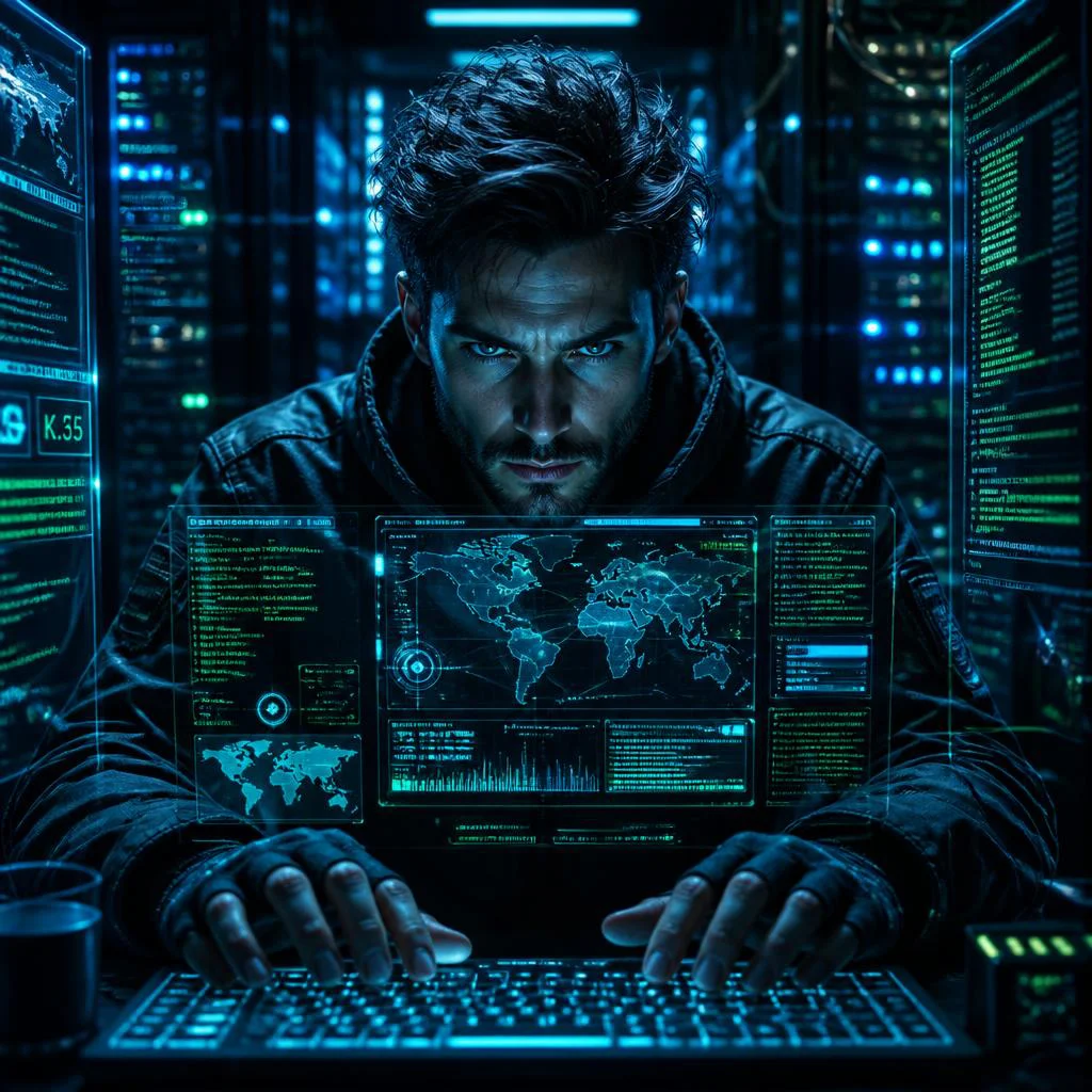 A Man's Intense Portrait as a Futuristic Hacker in a Dark Server Room — AI image prompt