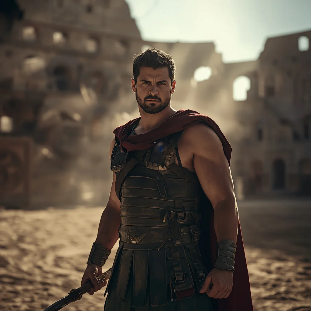 A Man's Intense Portrait as a Gladiator in an Arena with Dust and Light — AI image prompt