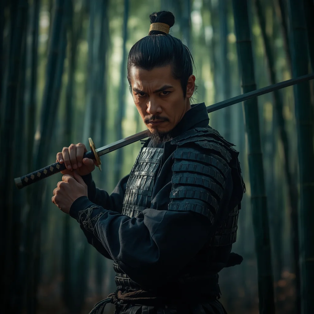 A Man's Intense Portrait as a Samurai Warrior with Katana and Bamboo Forest — AI image prompt