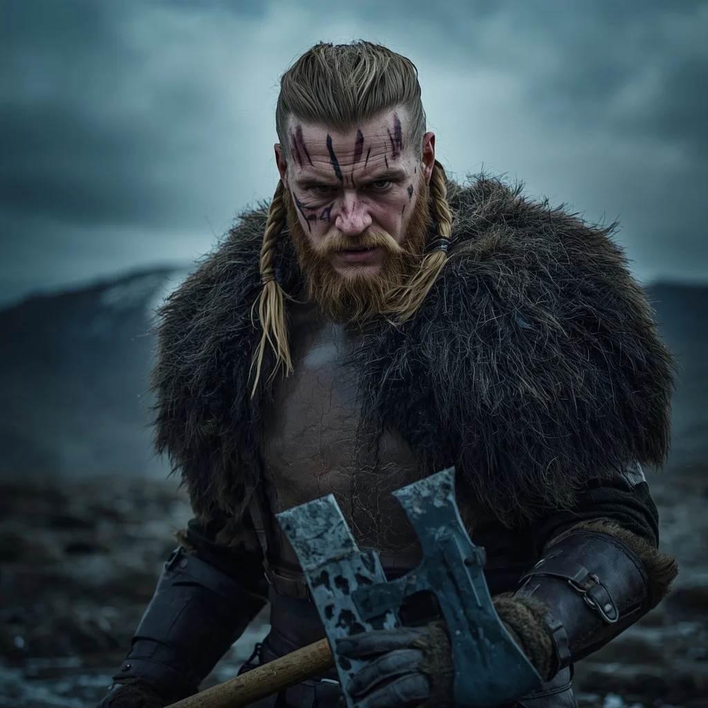A Man's Intense Portrait as a Viking Warrior with Battle Scars and Axe — AI image prompt
