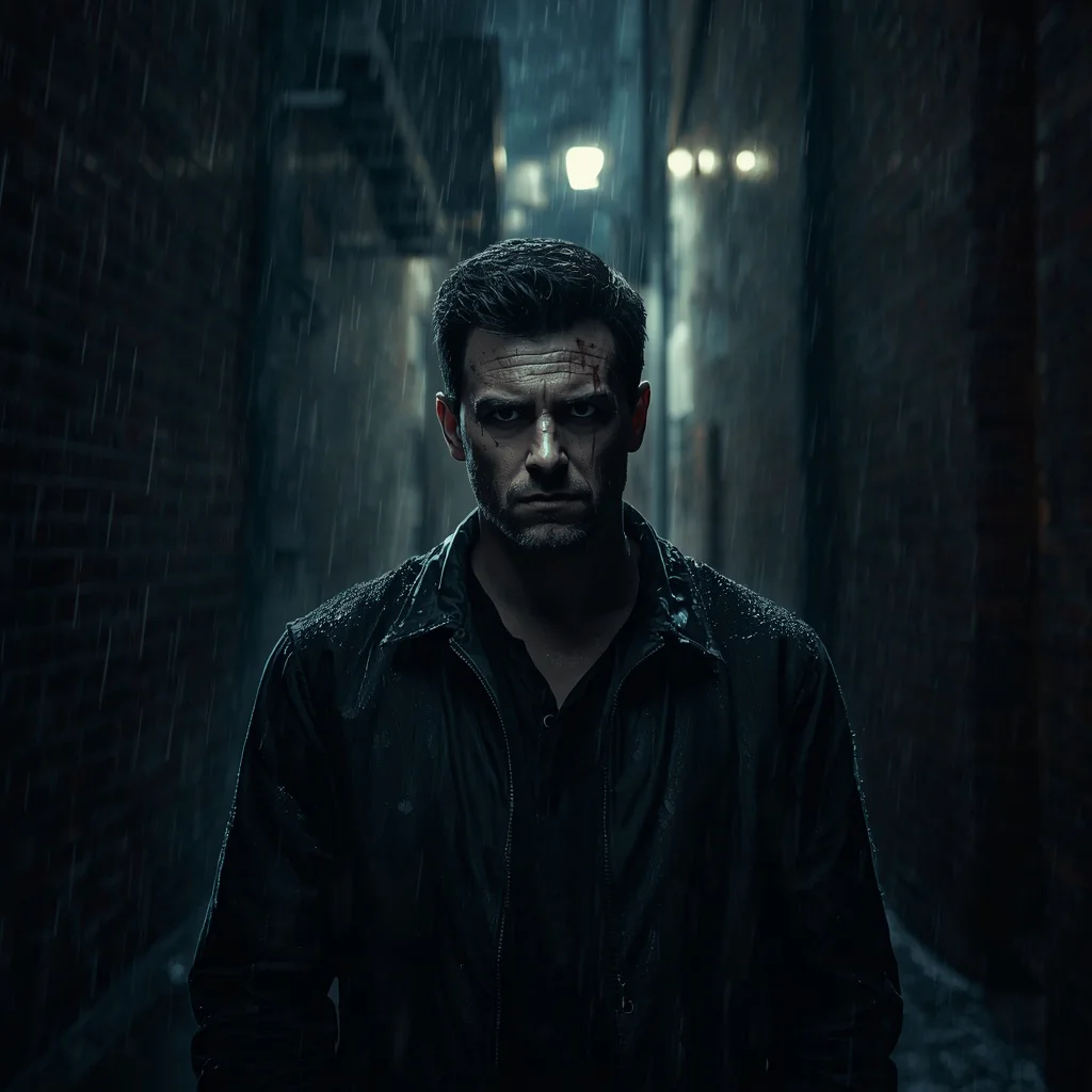 A Man's Intense Portrait in a Rain-Soaked Urban Alley with Dramatic Shadows — AI image prompt