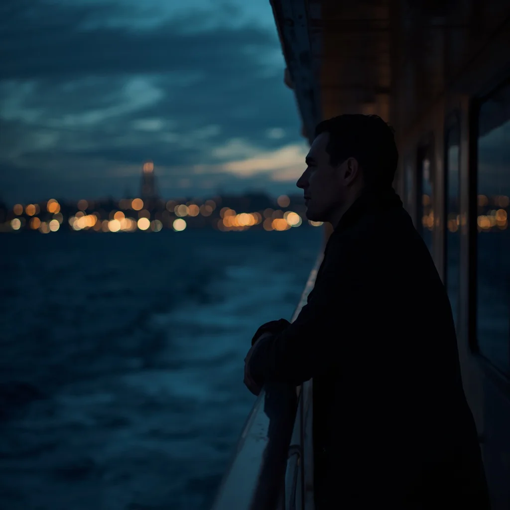 A Man's Reflective Portrait on a Ferry at Dusk with City Lights — AI image prompt