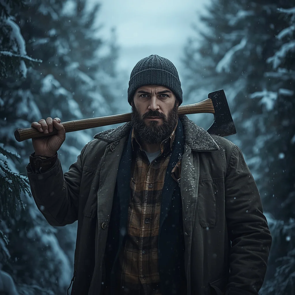 A Man's Rugged Portrait as a Lumberjack in a Snowy Forest with Axe — AI image prompt