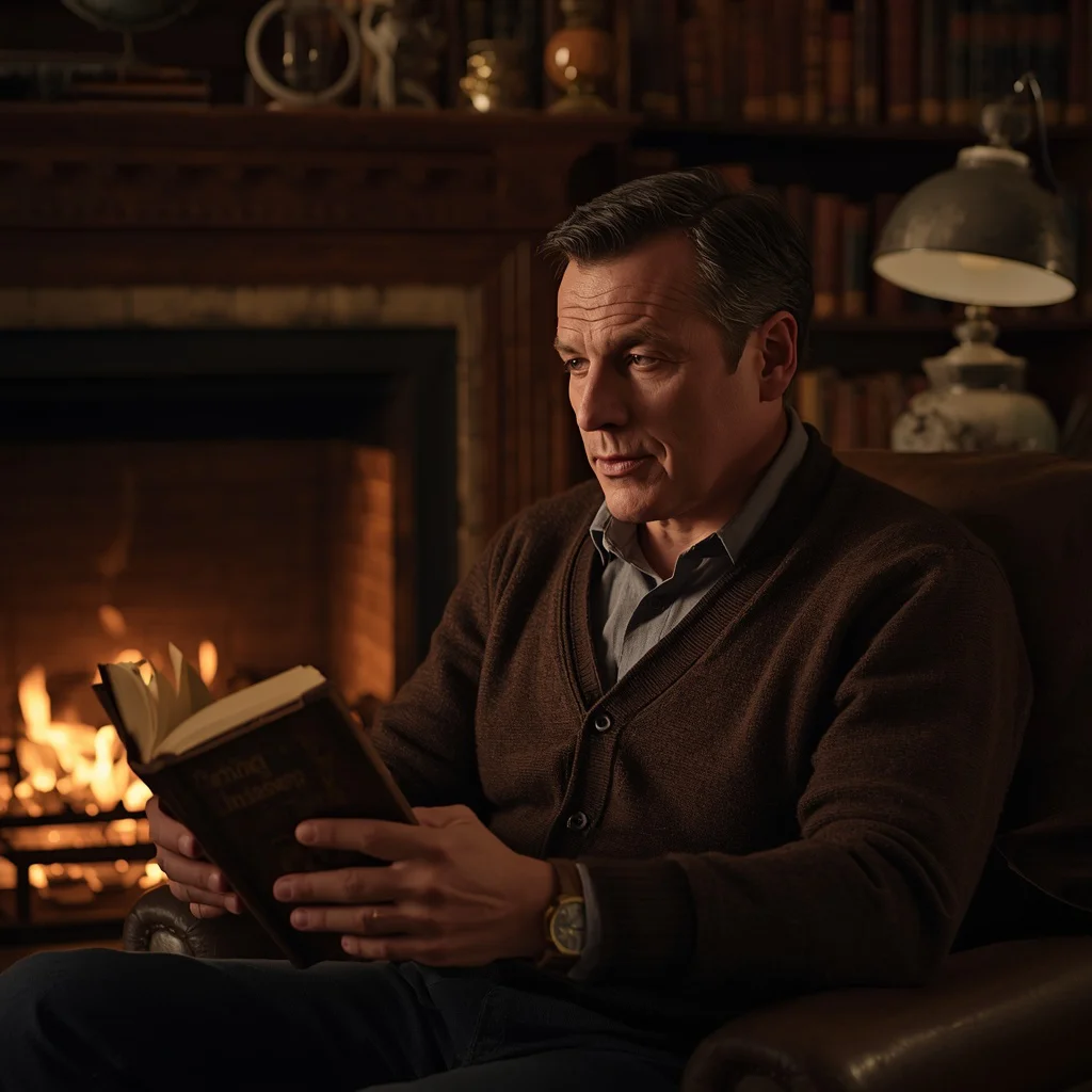 A Pensive Male Writer in a Cozy, Firelit Study Surrounded by Books — AI image prompt