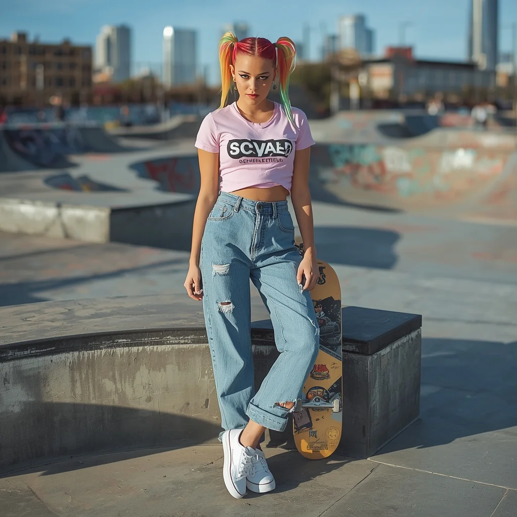 A Trendy Girl in a Crop Top and Jeans with Skateboard in an Urban Park — AI image prompt