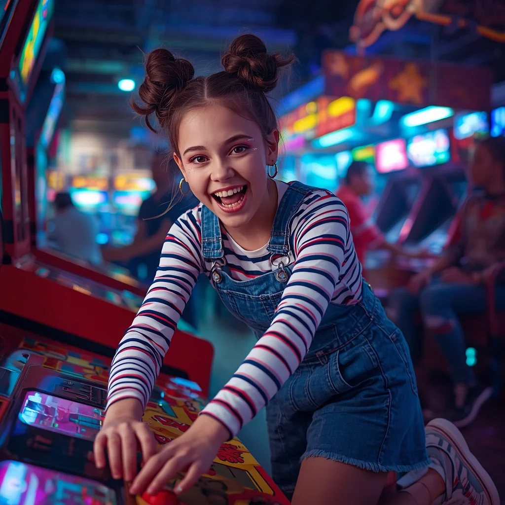 A Trendy Girl in a Denim Overall Dress and Striped Top in an Arcade — AI image prompt