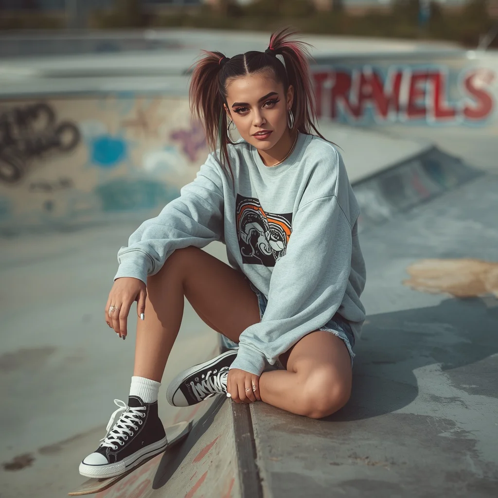 A Trendy Girl in a Graphic Sweatshirt and Denim Shorts at a Skate Park — AI image prompt