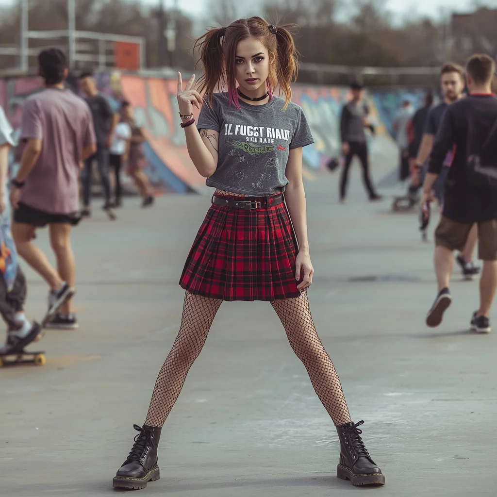 A Trendy Girl in a Grunge-Inspired Plaid Skirt Outfit in a Skate Park — AI image prompt