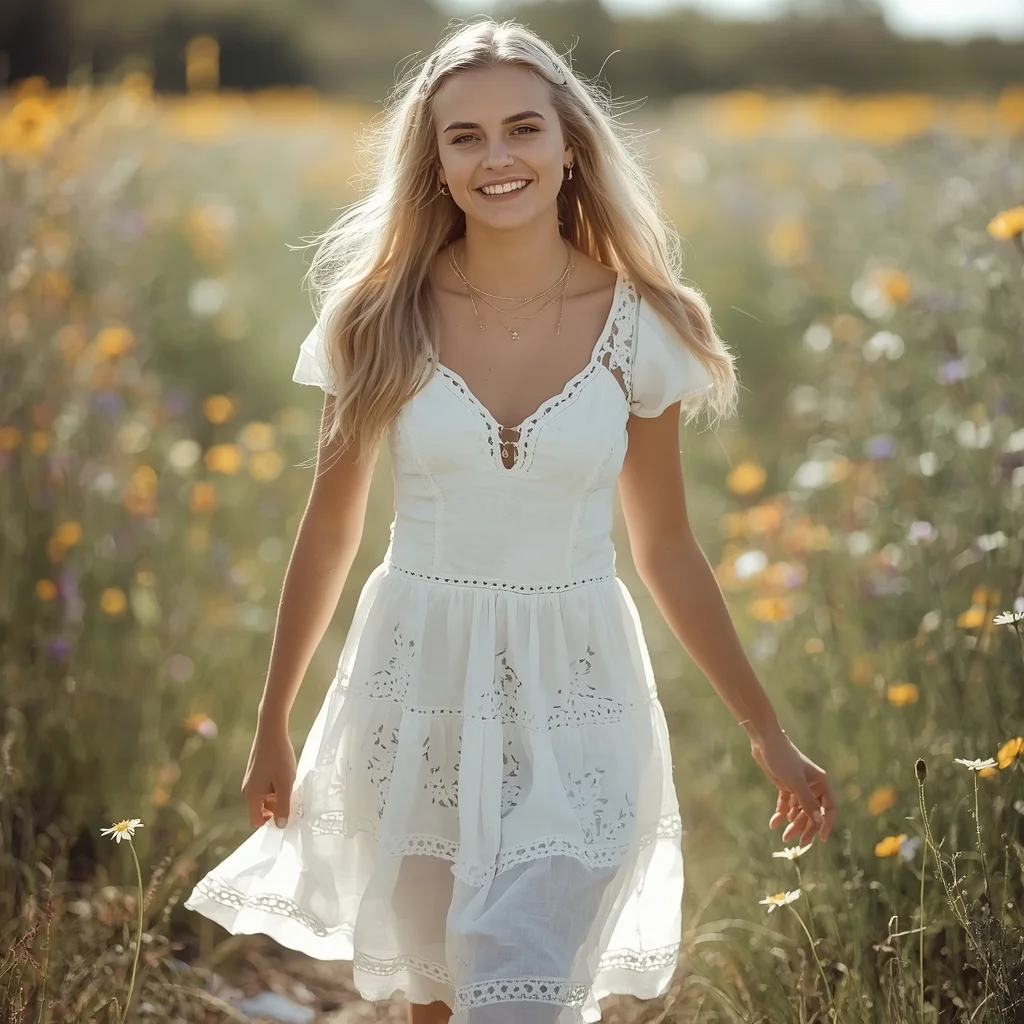 Boho Chic White Eyelet Dress on a Summer Day — AI image prompt