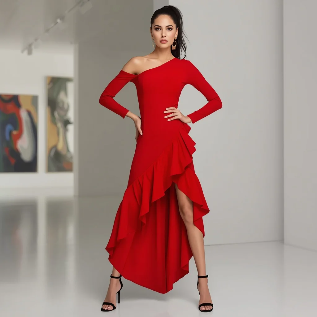 Bold and Beautiful in a Fiery Red Asymmetrical Cocktail Dress — AI image prompt
