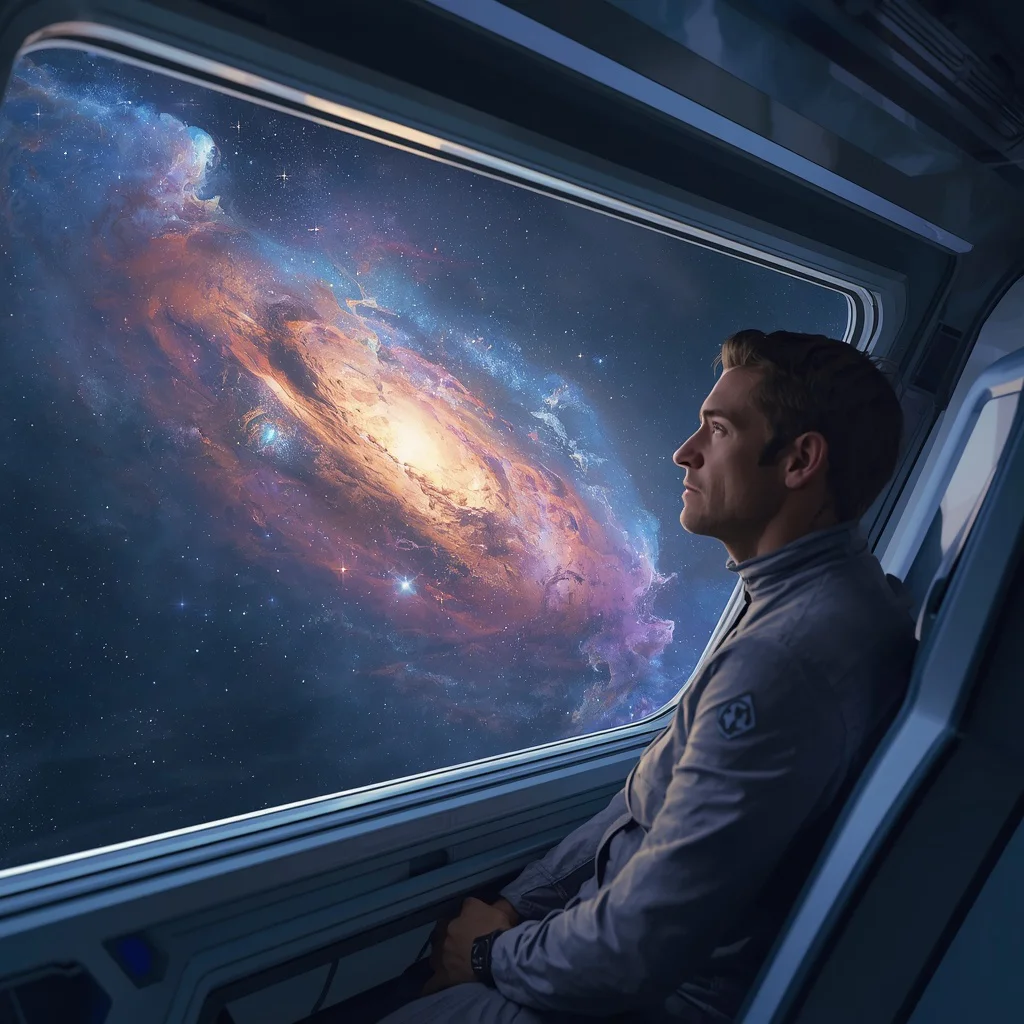 Cosmic Voyager: A Man Gazing at a Starry Nebula from a Spaceship — AI image prompt