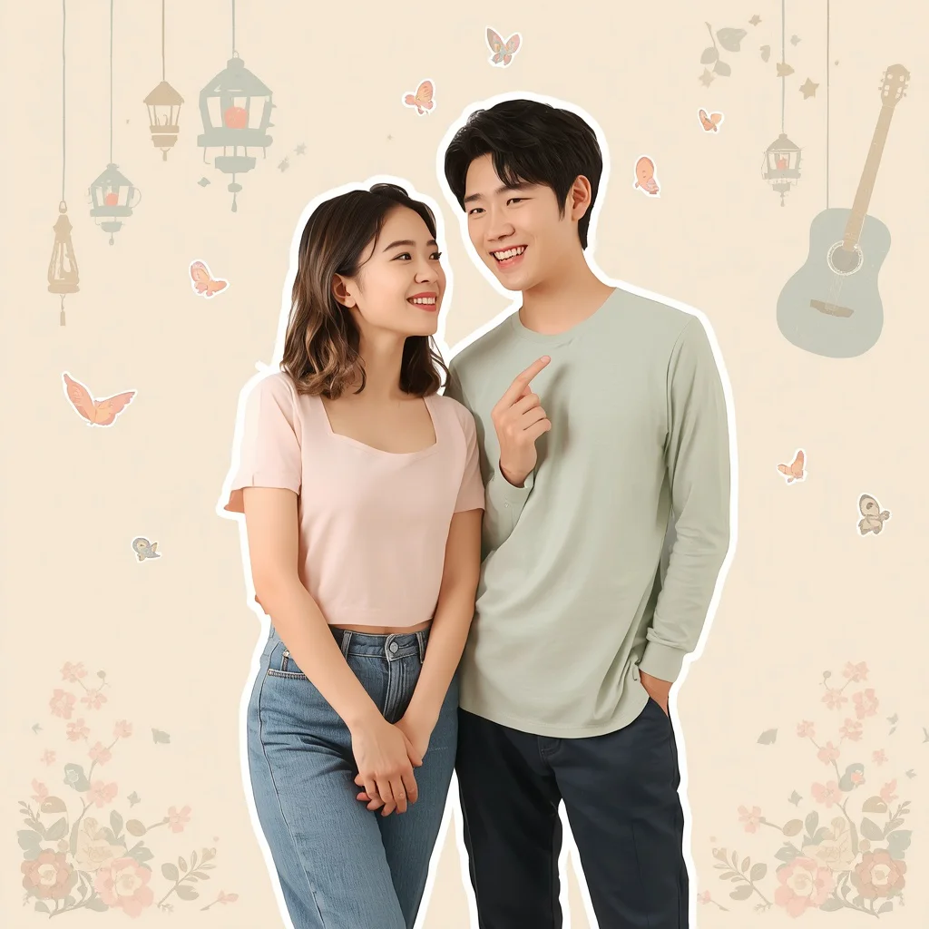 Cute Romantic Pastel Sticker-Art Couple with Doodled Wall — AI image prompt