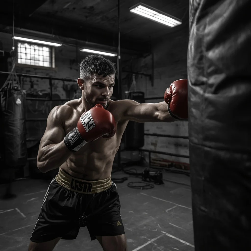 Determined Boxer: A Man Training in a Gritty Gym — AI image prompt