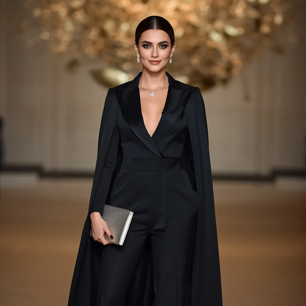 Elegant Black Jumpsuit with a Cape for a Gala — AI image prompt