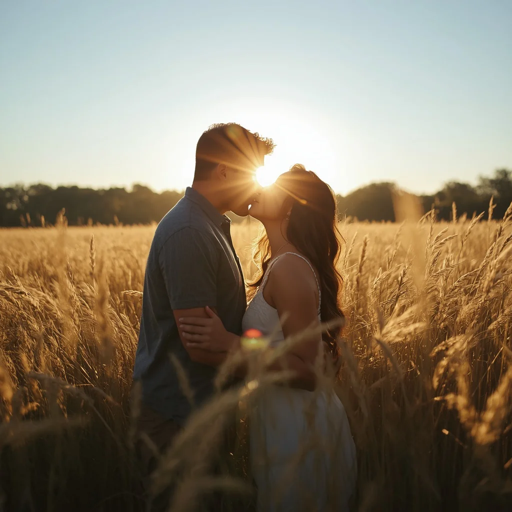 Eternal Embrace: A Couple's Kiss in a Sunlit Field — AI image prompt