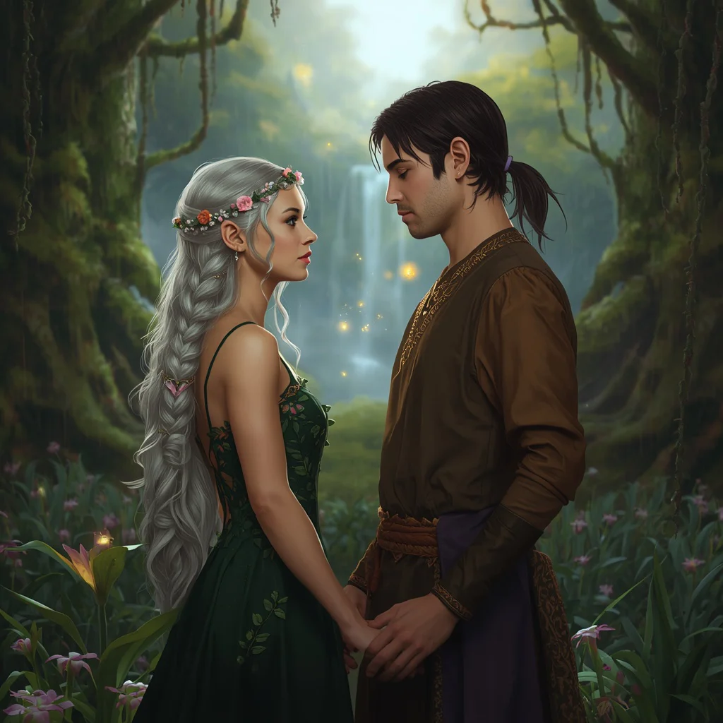 Fantasy Elven Couple Portrait in Enchanted Forest Setting — AI image prompt