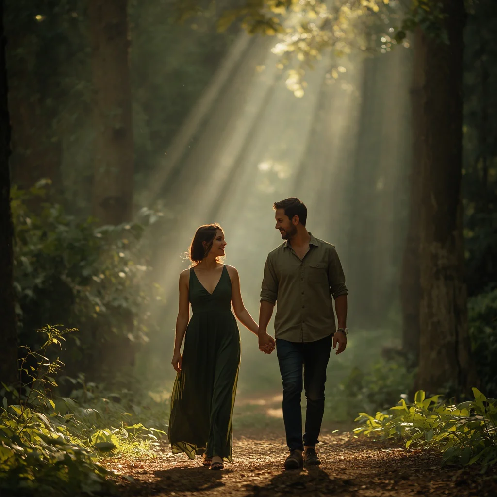 Forest Lovers: A Couple's Romantic Walk in a Sunlit Wood — AI image prompt