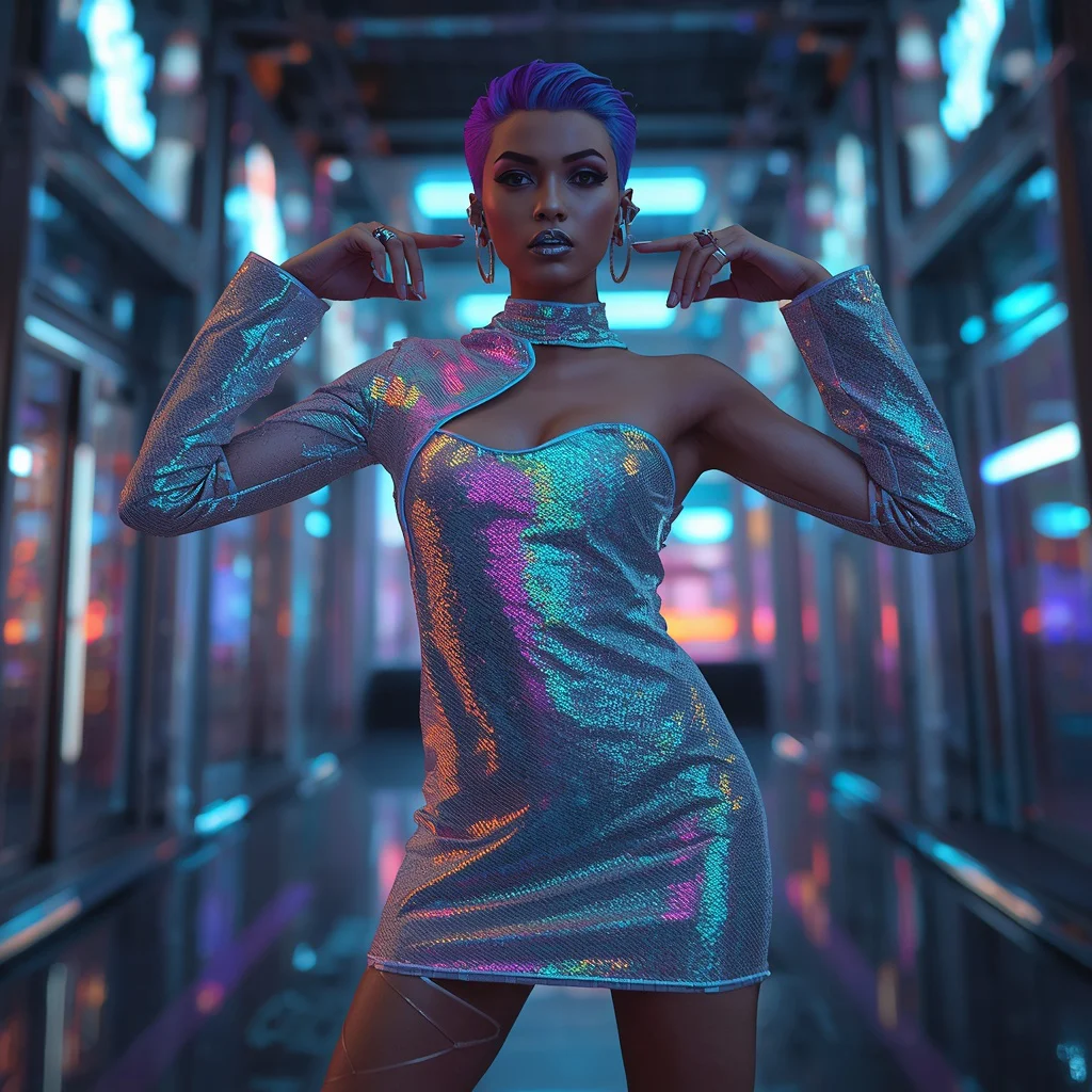 Futuristic Holographic Sequin Mini Dress — AI image prompt