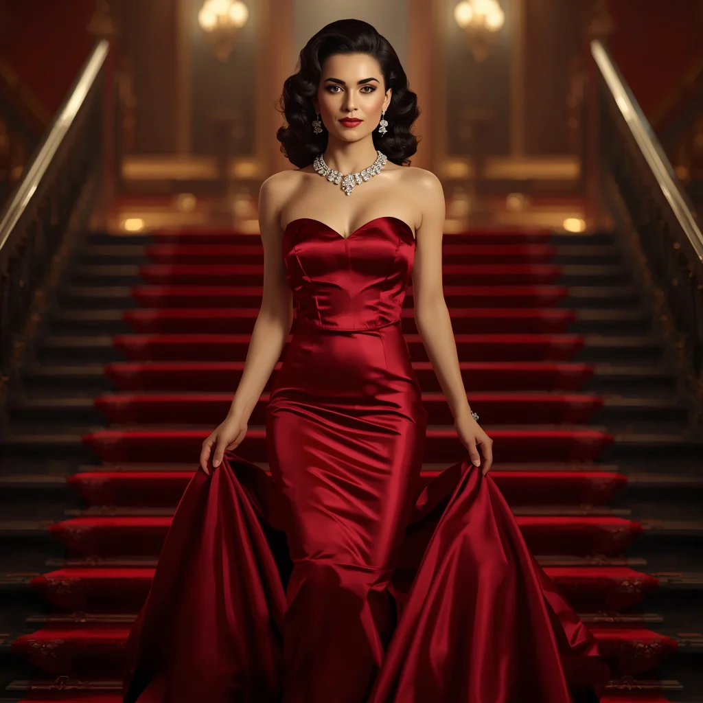 Hollywood Royalty in a Classic Strapless Red Satin Gown — AI image prompt