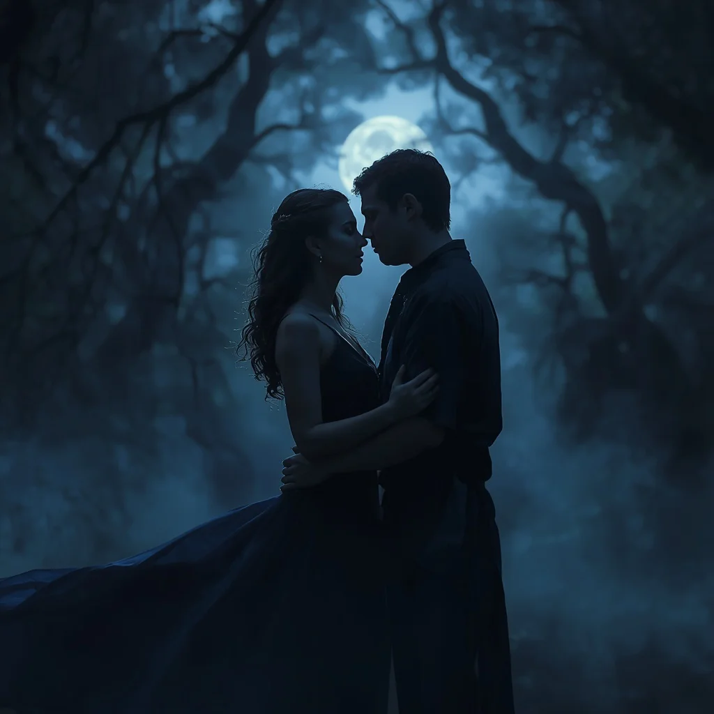Moonlit Romance: A Couple's Tender Moment in a Forest — AI image prompt