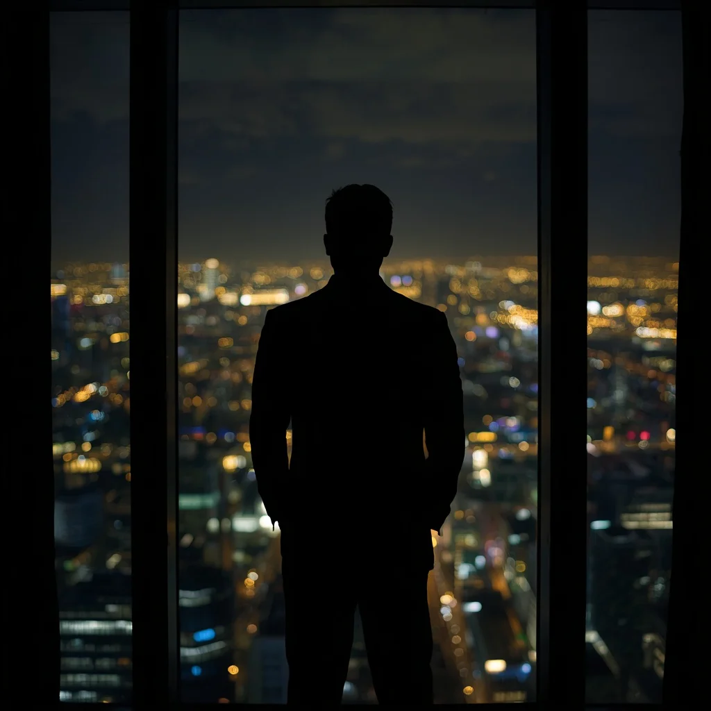 Pensive Silhouette: A Man Looking Out from a High-Rise Window — AI image prompt