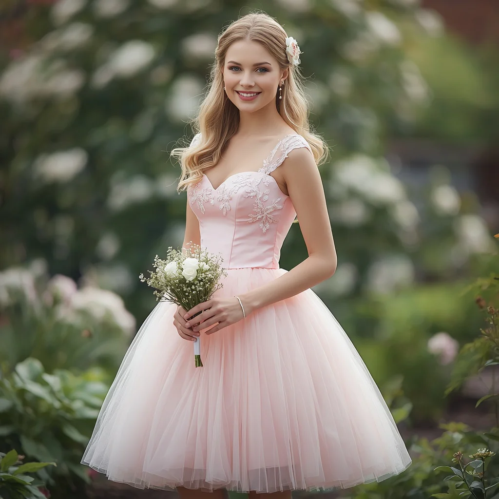 Playful Tulle Tea-Length Dress for a Garden Wedding — AI image prompt