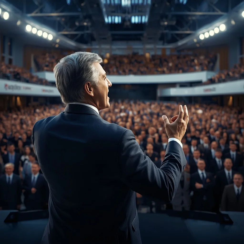 Powerful Leader: A Man Addressing a Crowd in a Modern Forum — AI image prompt