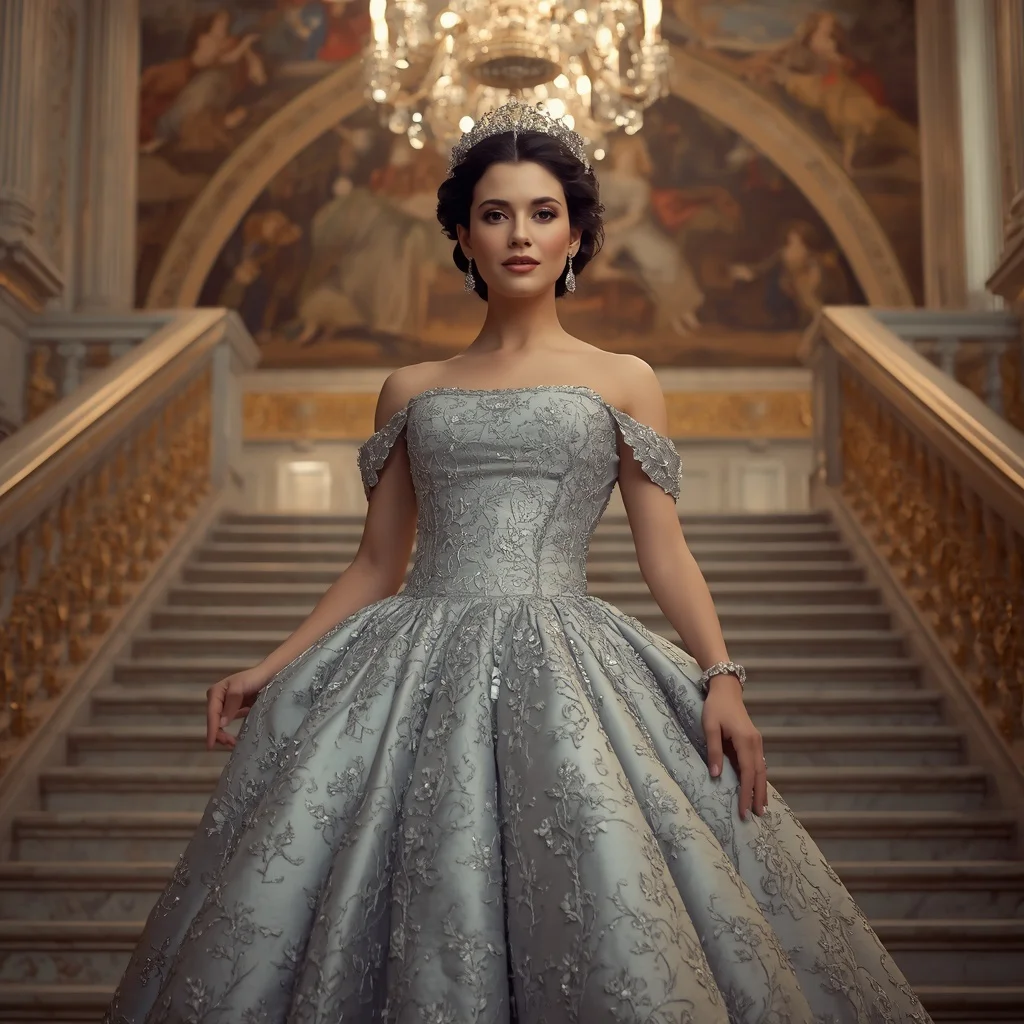 Regal Grandeur in a Silver Embroidered A-Line Gown — AI image prompt