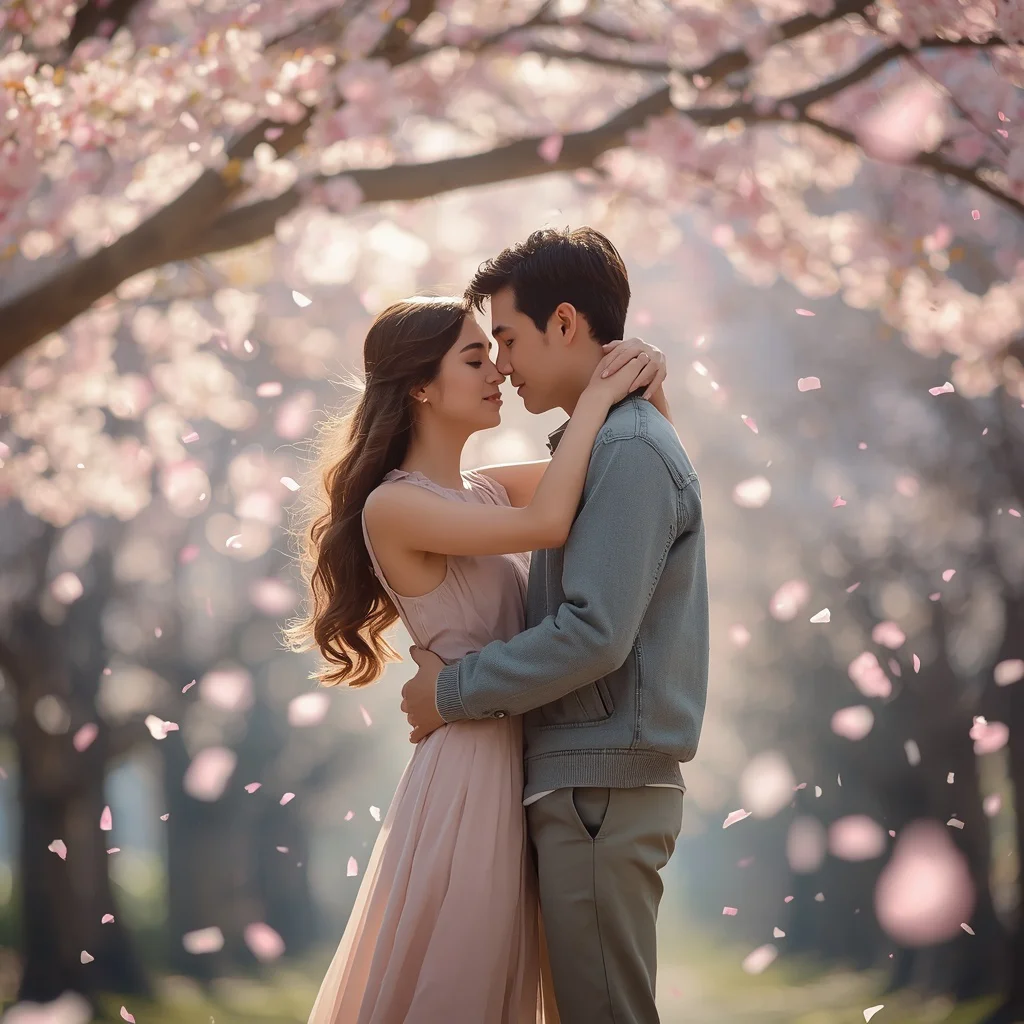 Romantic Couple Embracing Under a Cherry Blossom Snowfall — AI image prompt